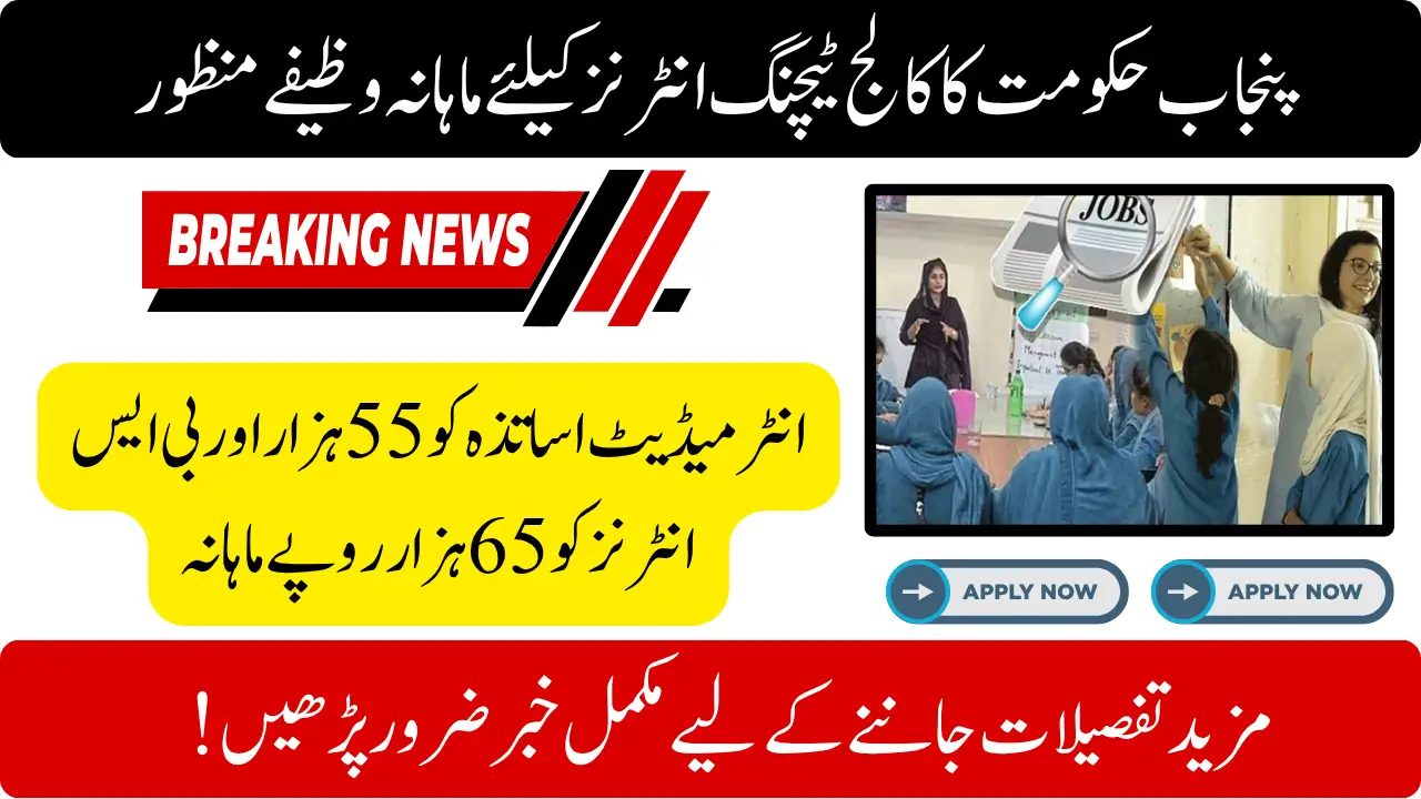 Punjab Approves Rs4.217B College Teaching Interns Stipend Package - Monthly Rs55,000 (Inter) & Rs65,000 (BS) | College Teaching Interns stipend Punjab
