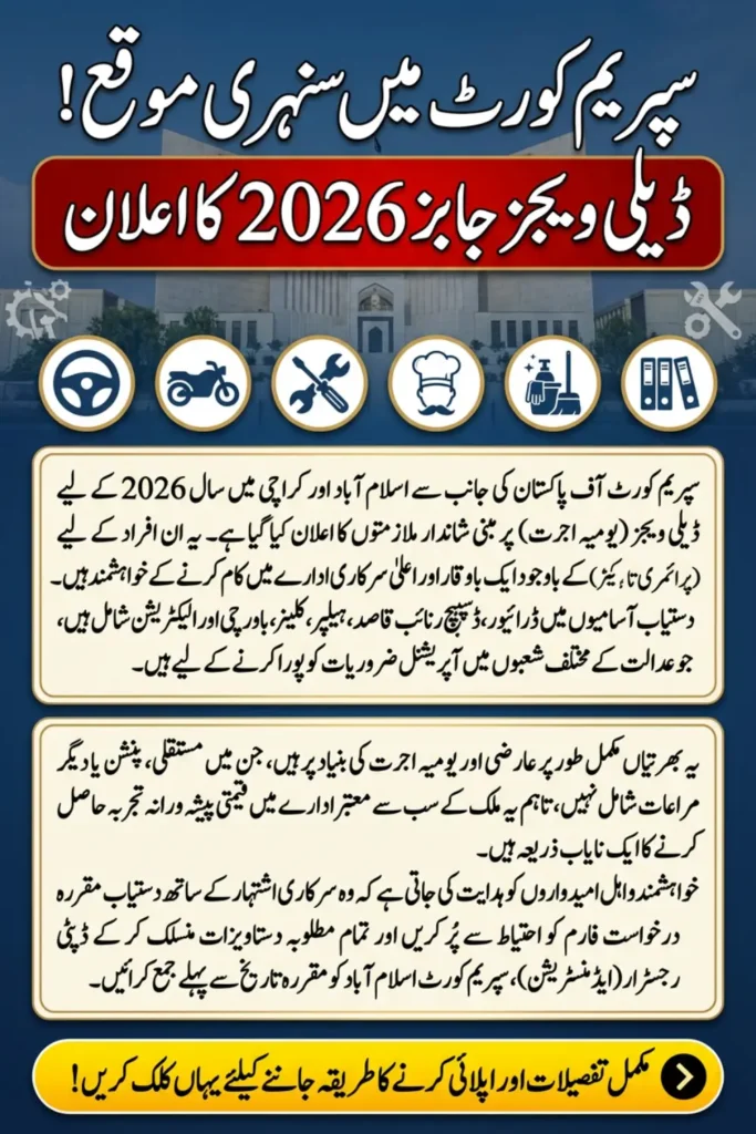 Supreme Court Daily-Wage Jobs 2026 – Apply for New Temporary Vacancies in Islamabad & Karachi