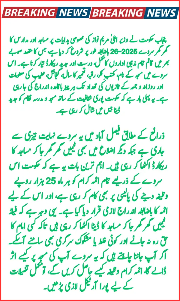 CM Maryam Nawaz Begins Punjab Mosque & Madrassa House-to-House Survey 2025-26 Across the Province