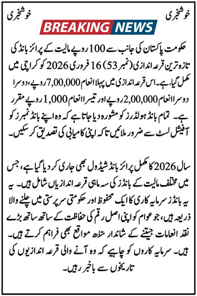 Rs. 100 Prize Bond Result 2026 Full Winning Numbers, Draw Details and 2026 Schedule Update