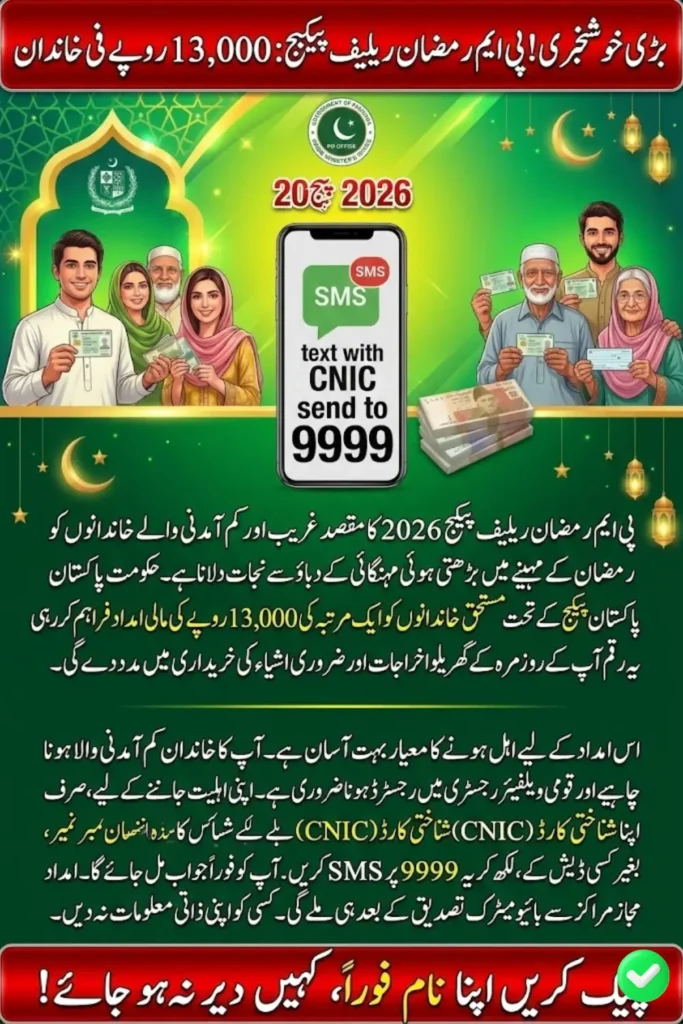 پی ایم رمضان ریلیف 2026 پیکیج: اہل خاندانوں کے لیے 13,000 روپے کی مالی امداد